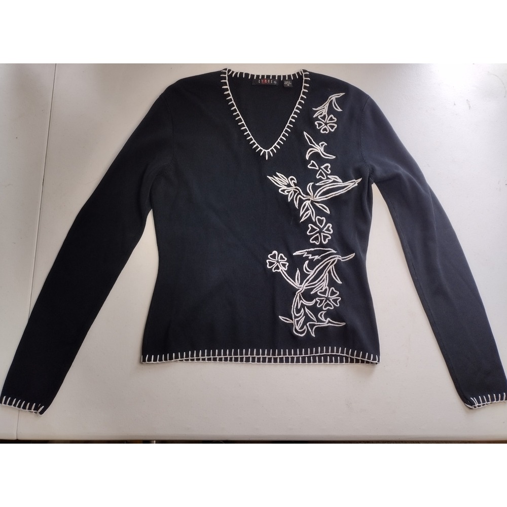 Cyrus Womens Black White Floral Embroidered V-Neck Ribbed Knit Sweater Medium‎